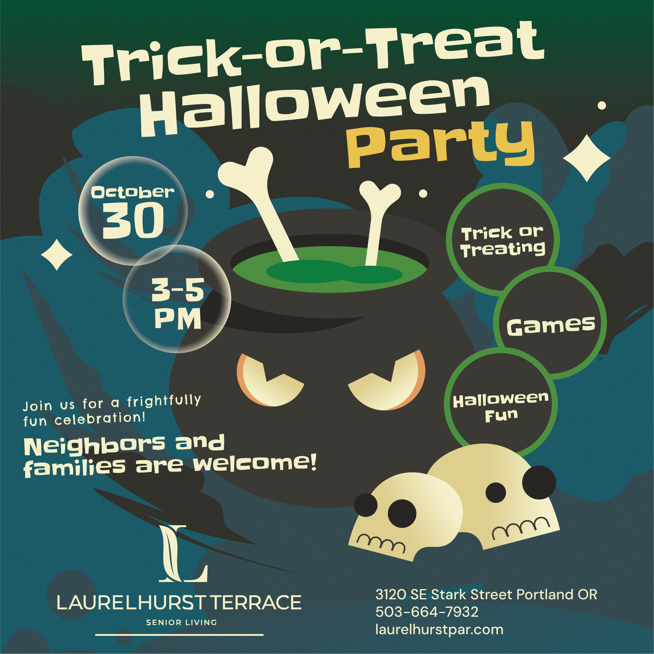 Trick-or-Treat Halloween Party flyer, October 30, 3-5 PM at LaurelHurst Terrace
